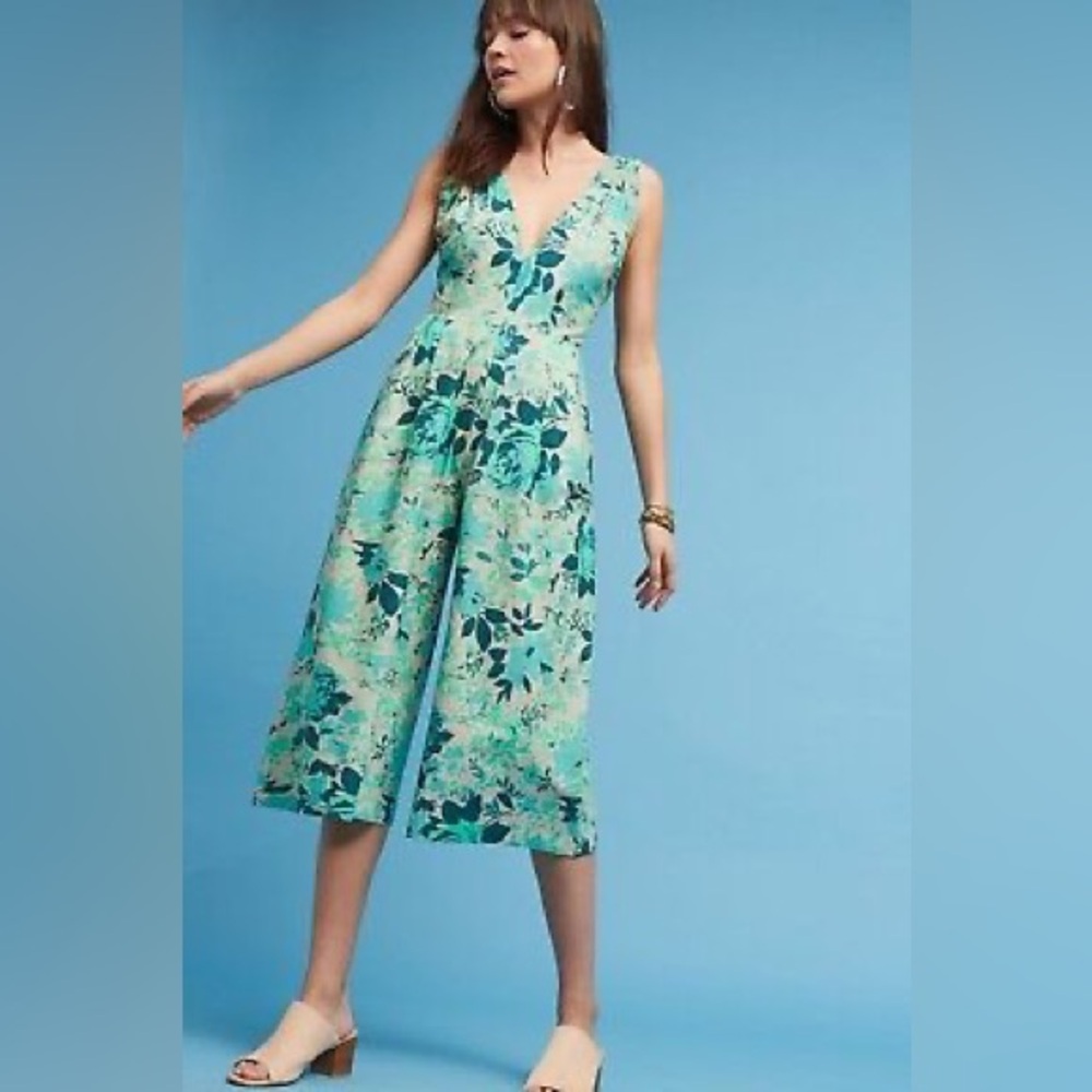 Anthropologie Ara Green and Blue Floral Romper with Sleeveless Design